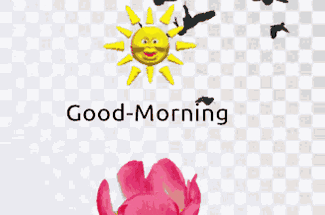 a good morning greeting card with a pink flower and a sun