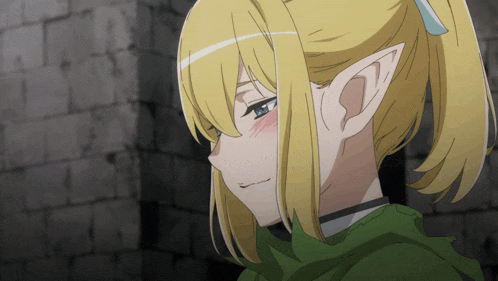 a girl with blonde hair and elf ears looks down with her eyes closed