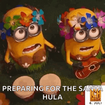 two minions are preparing for the santa hula while playing drums and ukulele .