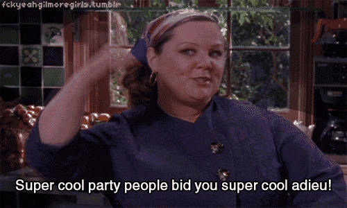a woman says " super cool party people bid you super cool adieu "
