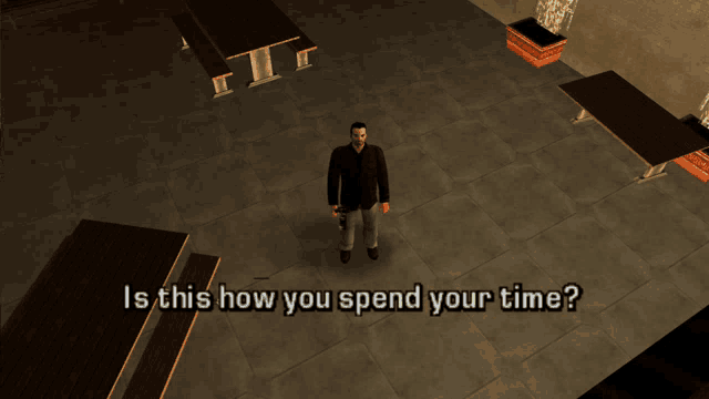 a man is standing in a room with tables and benches and the words " is this how you spend your time "