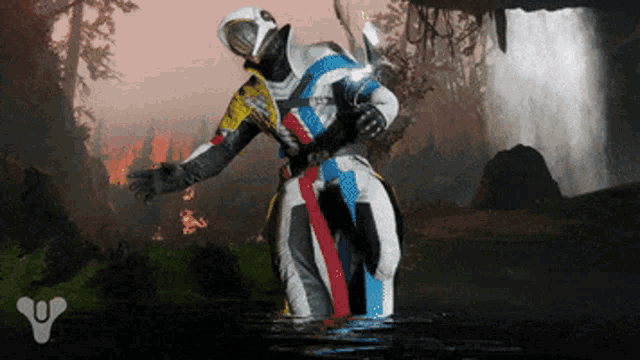 a video game character standing in the water with a waterfall in the background
