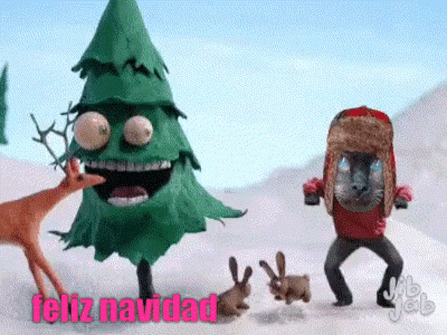 a picture of a christmas tree with a rabbit and a deer with feliz navidad written on the bottom