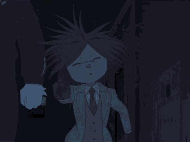 a cartoon character in a suit and tie stands next to a man