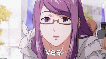 a girl with purple hair and glasses has the word vee on her neck