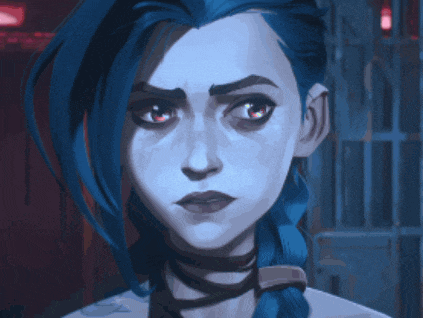 a woman with blue hair and red eyes is looking at the camera
