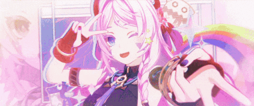 a girl with pink hair is making a peace sign with her finger .