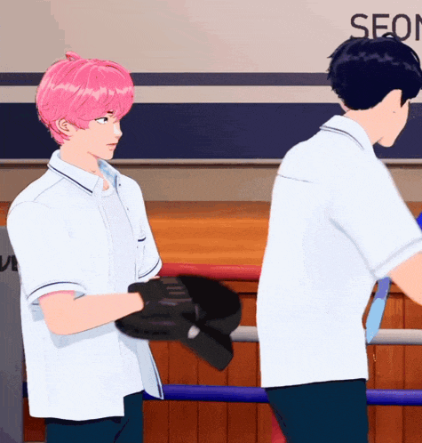 two anime characters are standing in front of a sign that says seo on it