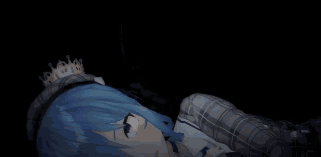 a girl with blue hair wearing a plaid hat and a crown