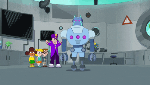 a group of cartoon characters are standing around a robot in a room