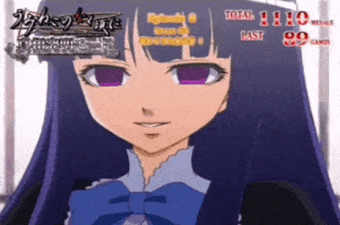 a girl with purple eyes and a blue bow is smiling in front of a sign that says total 110 medals and last 89 games