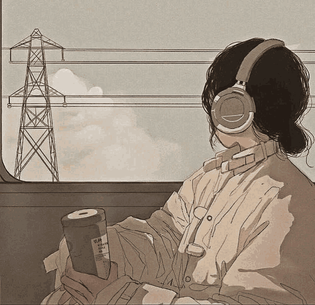 a girl is wearing headphones and holding a cup of coffee while looking out of a window .