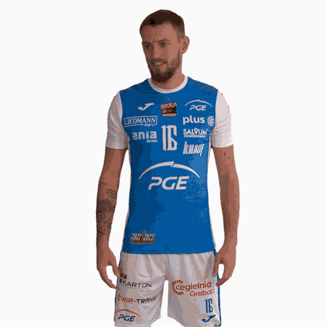 a man is wearing a blue pge jersey