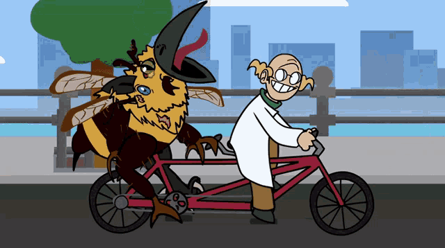 a cartoon of a man and a bee riding a tandem bike