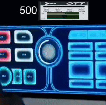 a xfer ott monitor is displayed above a blue and white control panel