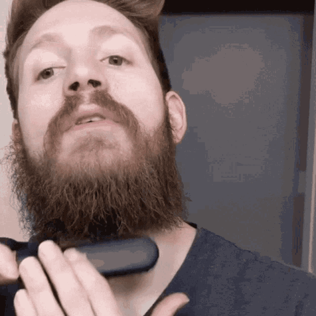 a man with a beard and mustache is brushing his beard with a brush