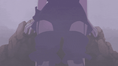 a girl with purple hair and blue eyes is looking down