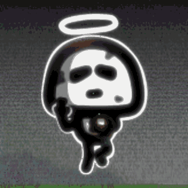 a cartoon drawing of a skeleton with a halo on its head