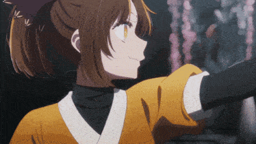 a girl with a ponytail is wearing a yellow shirt and black turtleneck