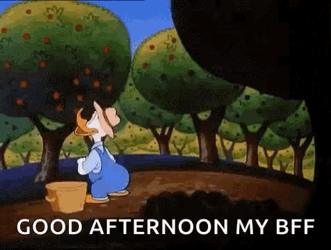 a cartoon of donald duck picking apples from an apple tree