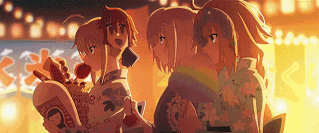 a group of anime girls are standing next to each other in front of a fire .