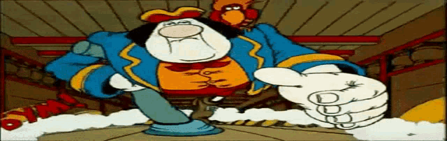 a cartoon of a man in a pirate outfit pointing at something