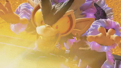 a close up of a cartoon character with a yellow and purple costume .