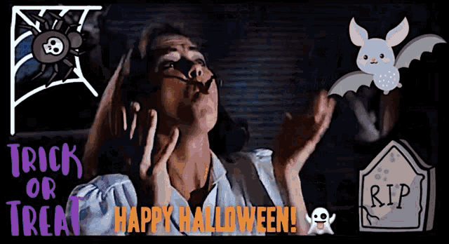 a picture of a woman with the words trick or treat happy halloween