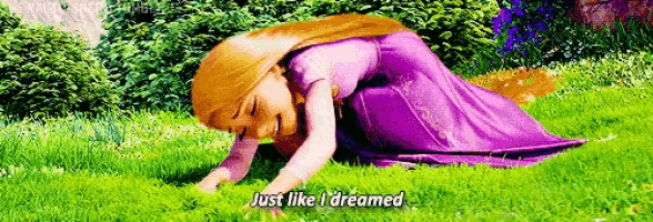 rapunzel from tangled is crawling in the grass and saying `` just like i dreamed ''