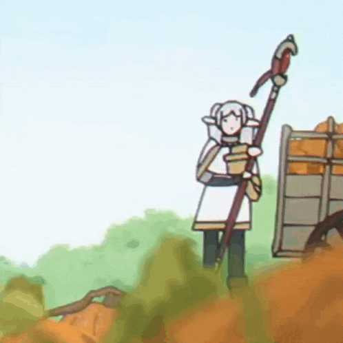 a cartoon of a woman standing on top of a hill holding a large stick .