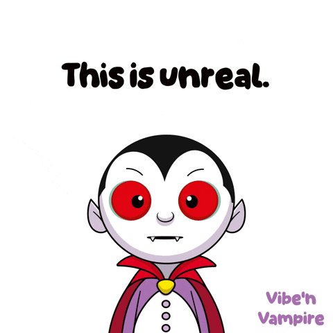a cartoon of a vampire with red eyes and the words this is unreal
