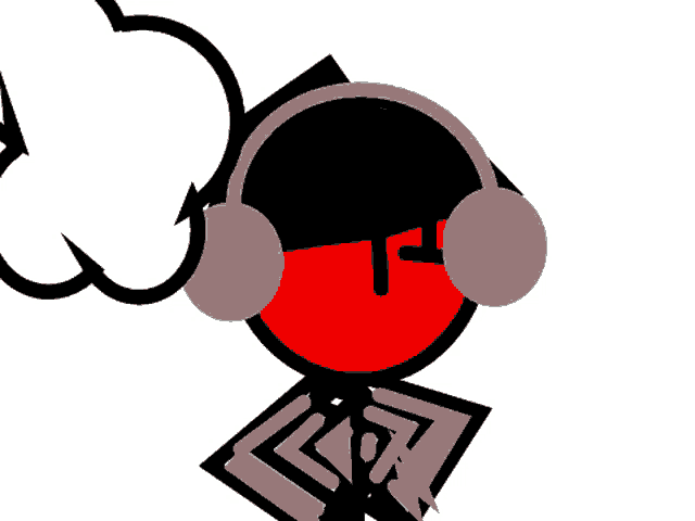 a cartoon character wearing headphones and a red and black circle