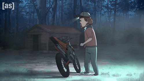 a cartoon of a man standing next to a motorcycle with the letters [ as ] on the bottom