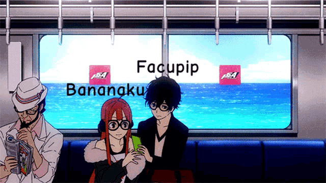 a group of people sitting in front of a window with the words facupip bananaku