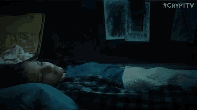 a person laying on a bed with a yellow suitcase in the background and #crypttv written on the bottom