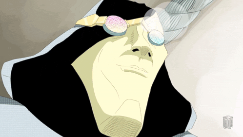 a cartoon drawing of a man with glasses and a trash can in the background