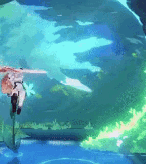 a video game character is flying through the air with a sword .