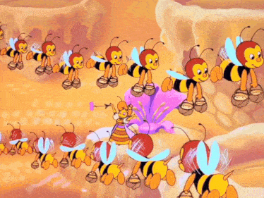a bunch of cartoon bees are gathered around a purple flower