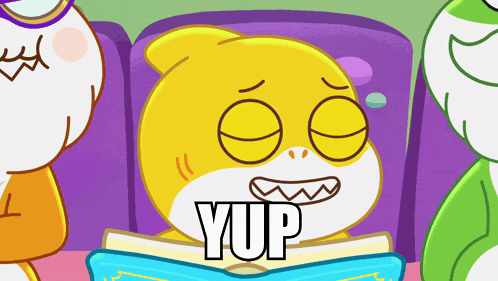 a cartoon shark is reading a book with the word yup written on it