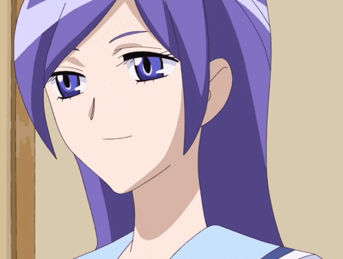 a girl with purple hair and blue eyes is smiling for the camera