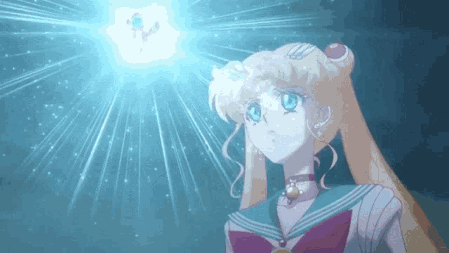 a girl in a sailor suit looks up at a light