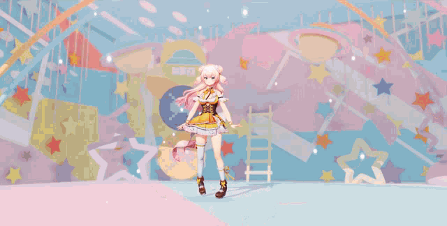 a pink haired anime girl is dancing with her arms outstretched in front of a colorful background
