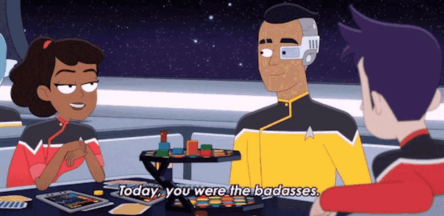 a group of cartoon characters are sitting around a table with a man saying today you were the badasses