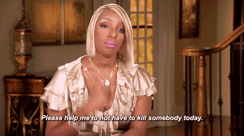 a woman in a ruffled top is saying please help me to not have to kill somebody today