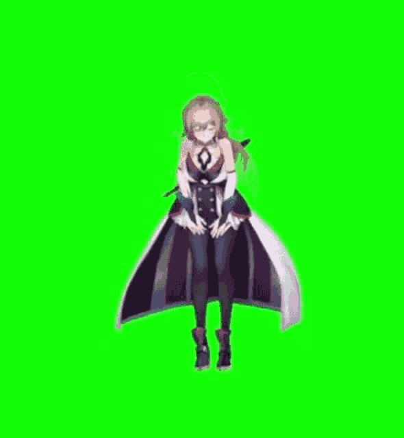 a 3d anime girl is standing in front of a green screen .