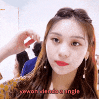 a close up of a woman 's face with the words yewon viendo a angie written above her