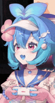 a girl with blue hair is holding a game controller .