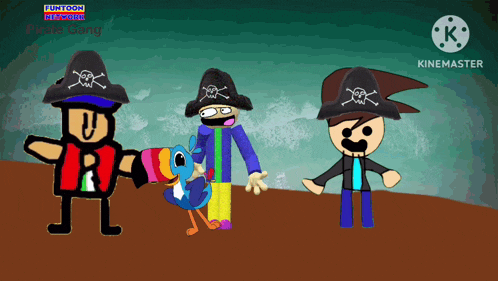 three cartoon characters wearing pirate hats are standing next to each other in front of a sign that says funtoon