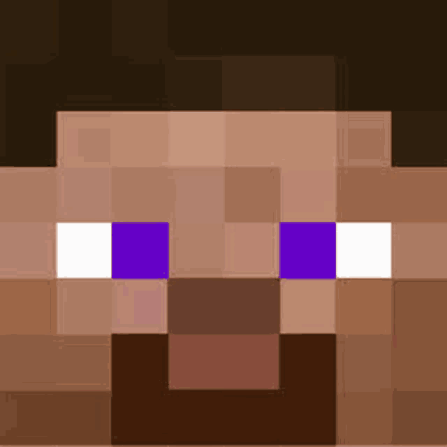 a close up of a steve minecraft face with purple eyes .