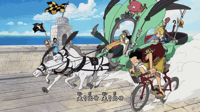 a cartoon of a man riding a bike pulled by a horse